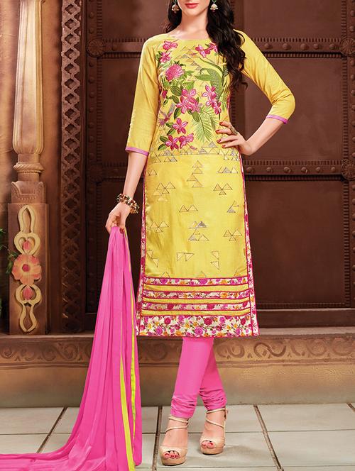 yellow cotton blend semistitched suit - 11941041 - Very Small Image - 1