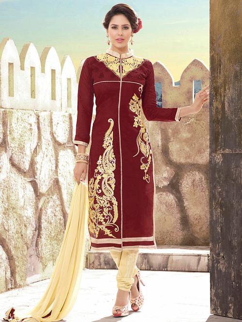 maroon cotton blend semistitched suit - 11941060 - Very Small Image - 1