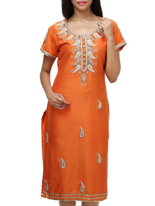 orange silk straight kurta - 11954364 - Very Small Image - 1