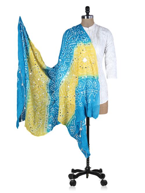 yellow and blue printed sequined dupatta - 1195723 - Very Small Image - 1