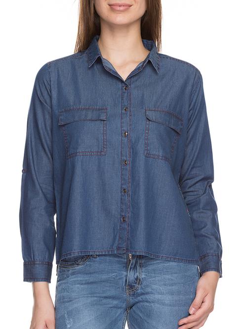 dark blue printed denim shirt - 11960251 - Very Small Image - 1