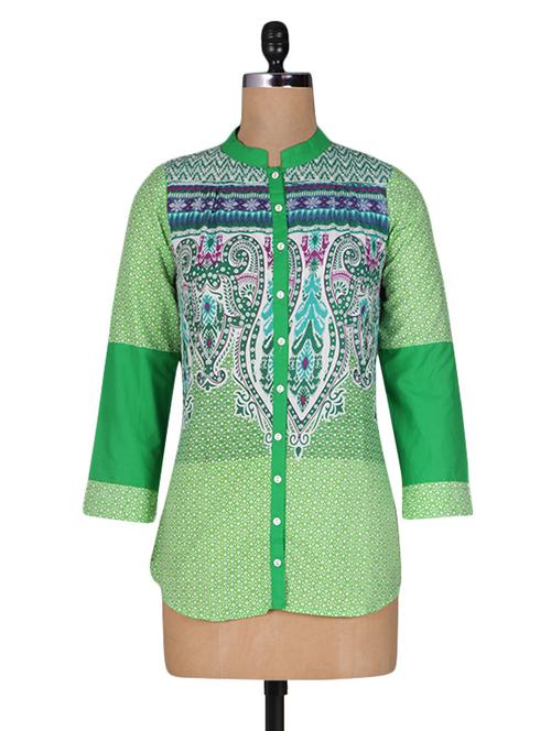 Multi-Print Green Cotton Shirt - 1196512 - Very Small Image - 1
