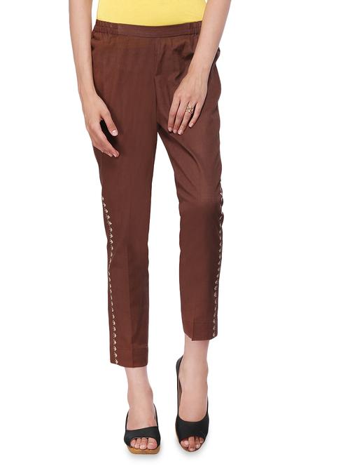 brown plain cotton blend pants - 1198180 - Very Small Image - 1
