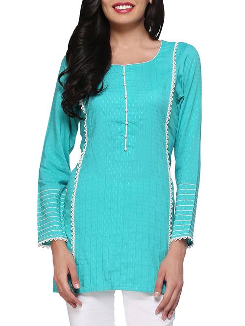 sky blue cotton blend kurta - 1198210 - Very Small Image - 1