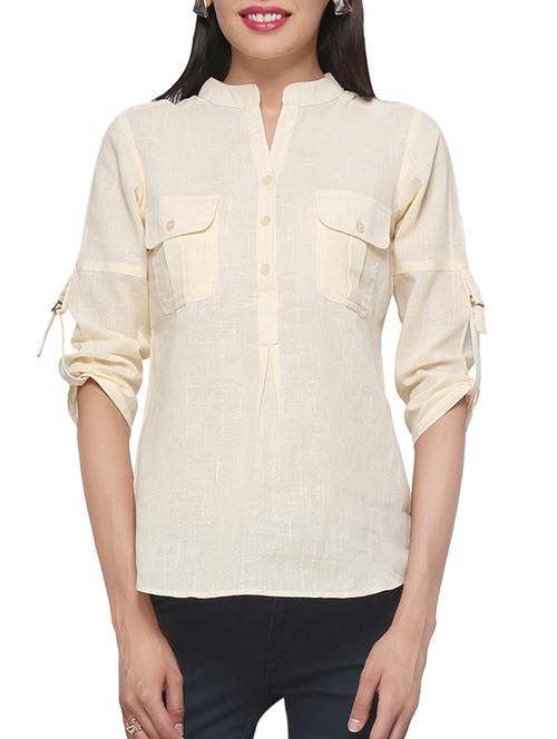 beige plain cotton blend tunic - 1198223 - Very Small Image - 1