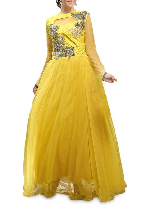 yellow unstitched soft net gown - 1199645 - Very Small Image - 1