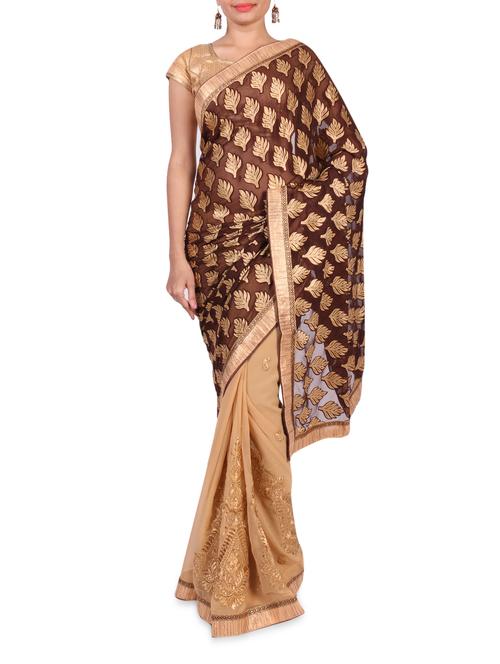 beige and brown georgette saree - 1199723 - Very Small Image - 1