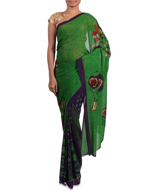 Printed green and purple georgette saree - 1201930 - Very Small Image - 1