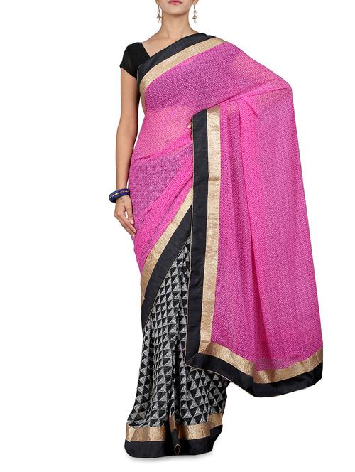black and magenta printed georgette saree - 1202898 - Very Small Image - 1