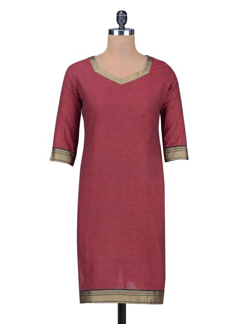 maroon cotton kurta with brocade - 1203418 - Very Small Image - 1