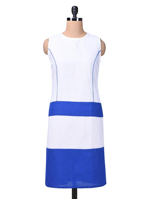 white and royal blue color-block kurta - 1203514 - Very Small Image - 1