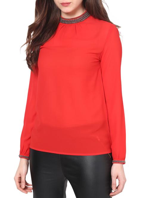 red beaded plain georgette top - 1204173 - Very Small Image - 1