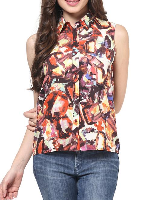 multicolour printed poly crepe collar top - 1204181 - Very Small Image - 1