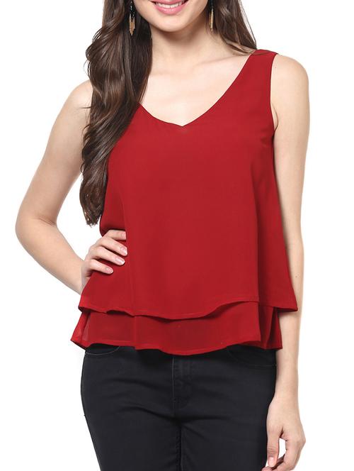 red plain georgette v neck top - 1204202 - Very Small Image - 1