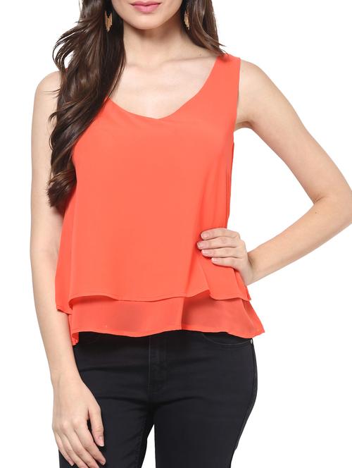 orange plain georgette v neck top - 1204203 - Very Small Image - 1