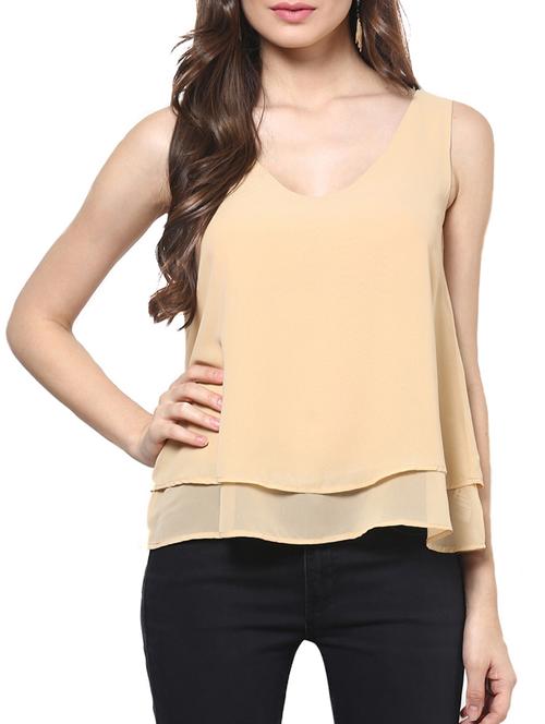 beige plain georgette v neck top - 1204205 - Very Small Image - 1
