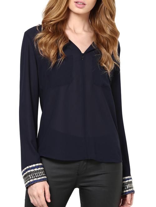 blue plain beaded georgette top - 1204219 - Very Small Image - 1