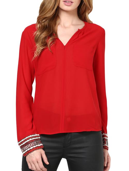 red plain beaded georgette top - 1204220 - Very Small Image - 1
