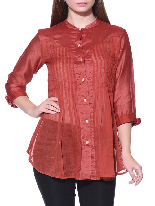 red three-quarter sleeved chanderi silk shirt - 12080990 - Very Small Image - 1