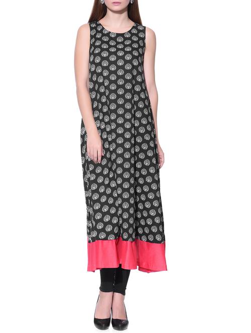 black printed cotton flared kurta - 12082360 - Very Small Image - 1