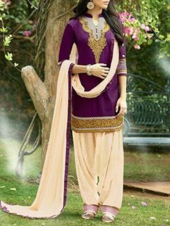 purple cotton embroidered unstitched suit - 12083217 - Very Small Image - 1