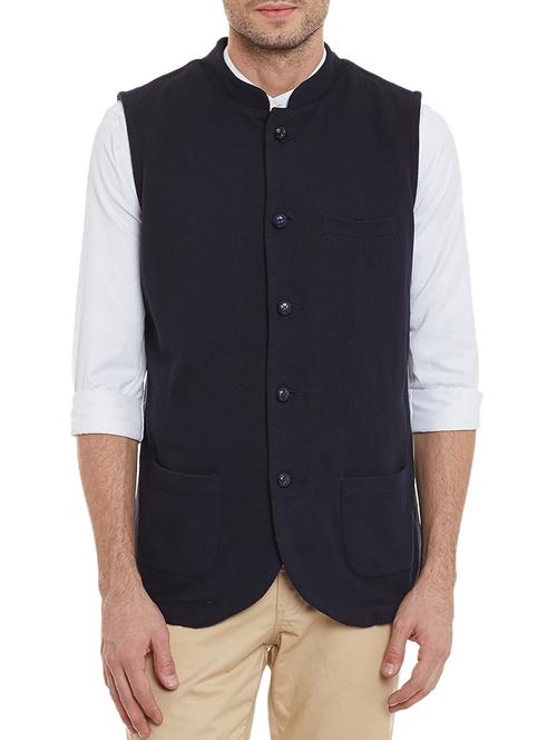 navy blue cotton nehru jacket - 12085249 - Very Small Image - 1