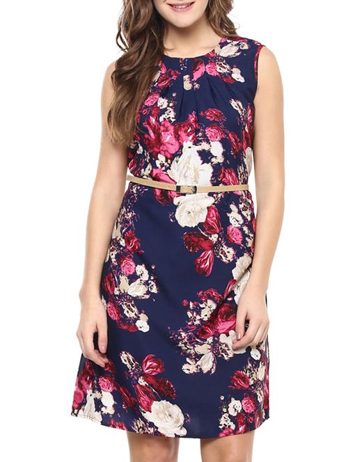 pleated neck floral belted dress - 12087637 - Very Small Image - 1