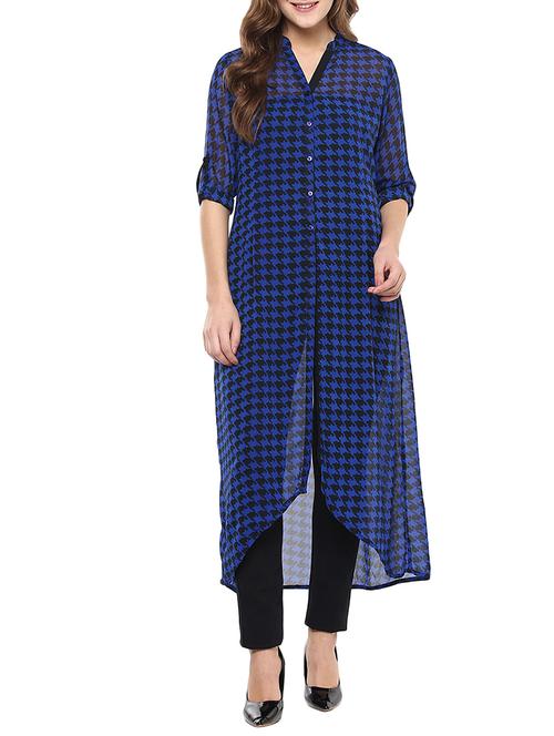 blue houndstooth printed georgette tunic - 12087660 - Very Small Image - 1