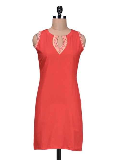 red cotton embroidered kurti - 1209085 - Very Small Image - 1