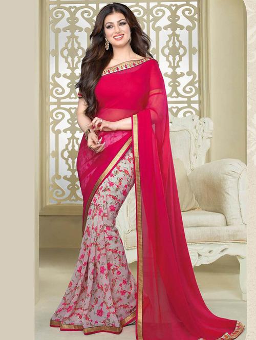 red georgette printed saree with blouse - 12094914 - Very Small Image - 1