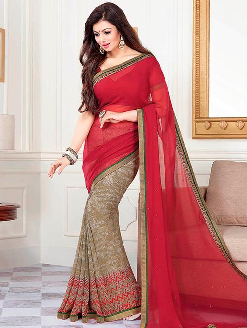 red georgette printed saree with blouse - 12094918 - Very Small Image - 1