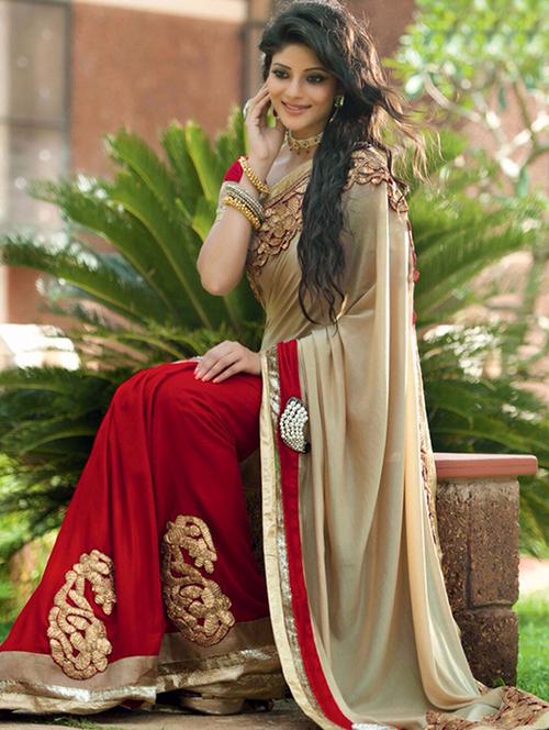 red georgette printed saree with blouse - 12094924 - Very Small Image - 1