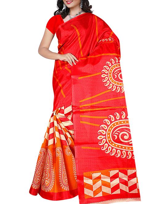red silk printed saree with blouse - 12094986 - Very Small Image - 1