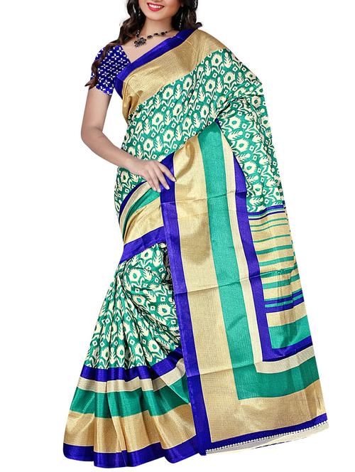 green silk printed saree with blouse - 12094991 - Very Small Image - 1
