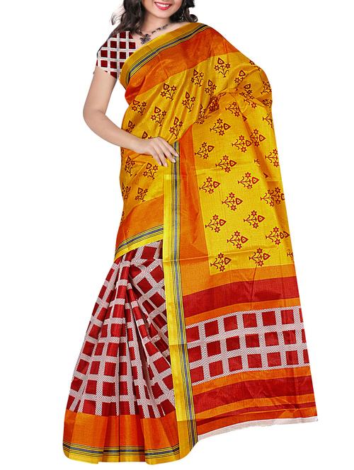 yellow silk printed saree with blouse - 12094992 - Very Small Image - 1