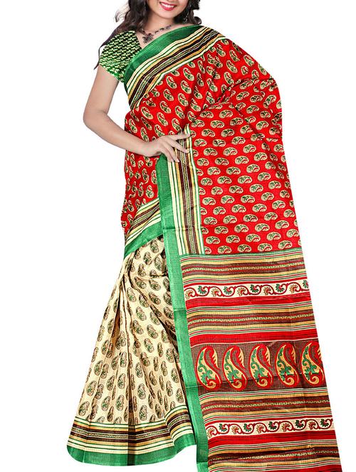 red silk printed saree with blouse - 12094999 - Very Small Image - 1