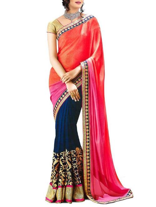 orange georgette printed saree with blouse - 12095024 - Very Small Image - 1