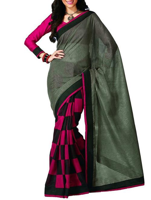 green silk printed saree with blouse - 12095033 - Very Small Image - 1