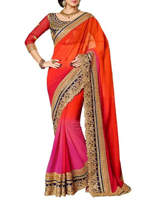 orange georgette printed saree with blouse - 12095037 - Very Small Image - 1