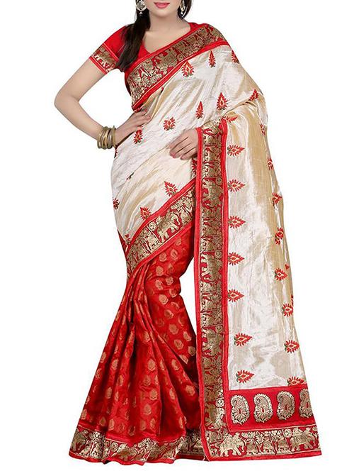 red silk printed saree with blouse - 12095041 - Very Small Image - 1