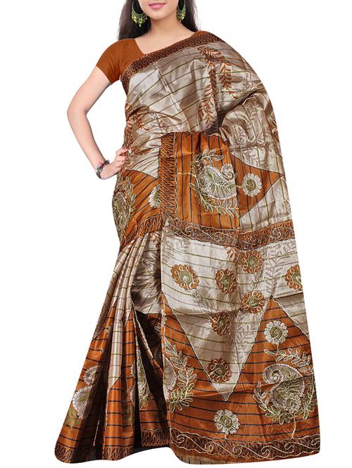 yellow silk printed saree with blouse - 12095314 - Very Small Image - 1