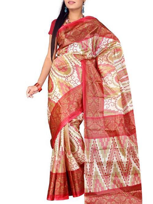 red silk printed saree with blouse - 12095331 - Very Small Image - 1