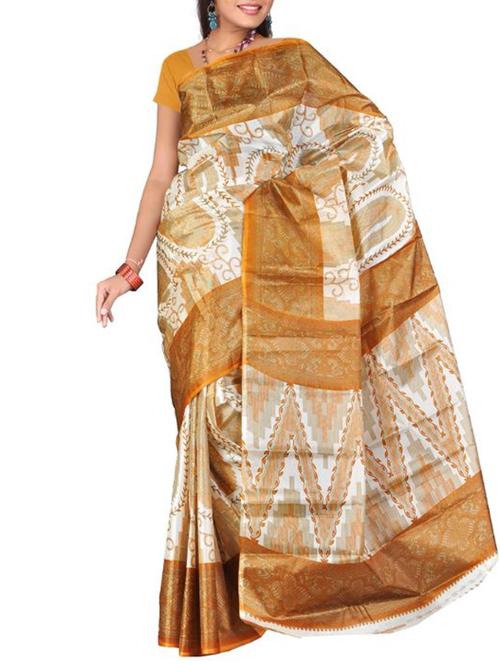 yellow silk printed saree with blouse - 12095337 - Very Small Image - 1