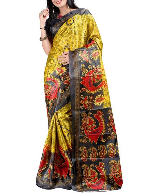 yellow silk printed saree with blouse - 12095345 - Very Small Image - 1