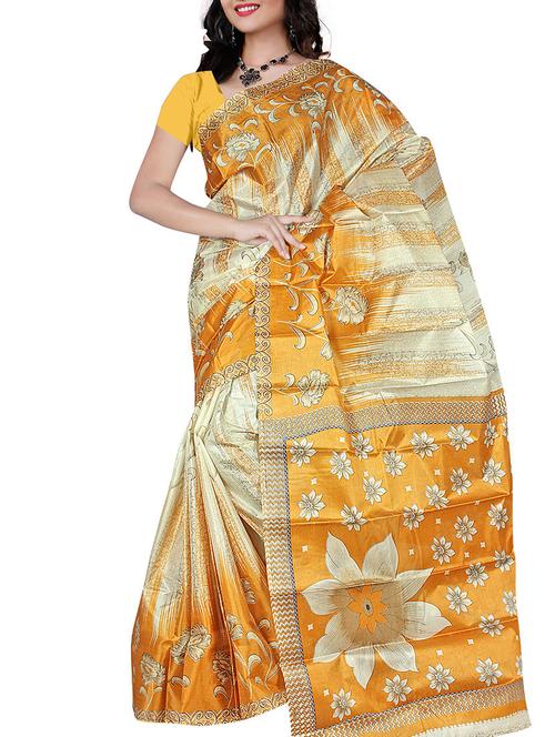 yellow silk printed saree with blouse - 12095361 - Very Small Image - 1
