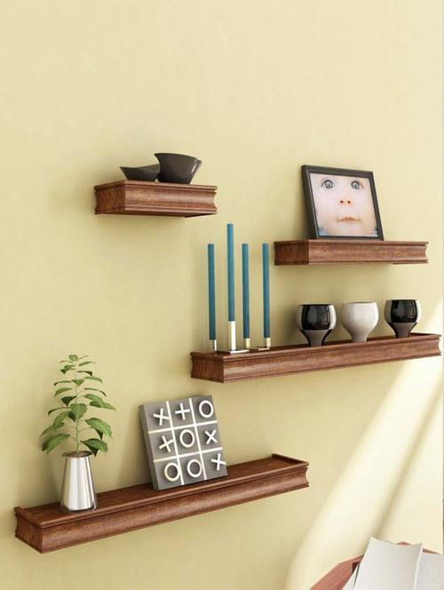 desi karigar brown natural mango wood & mdf wall shelves - set of 4 - 12097027 - Very Small Image - 1