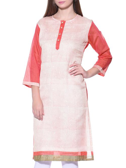ivory and pink chanderi kurta - 12100535 - Very Small Image - 1