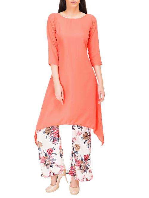orange crepe asymmetric kurta - 12100823 - Very Small Image - 1