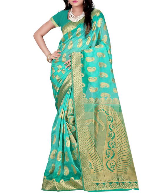 turquoise silk woven saree with blouse - 12105576 - Very Small Image - 1