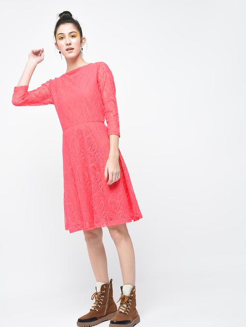solid pink net fit and flare dress - 12107573 - Very Small Image - 1